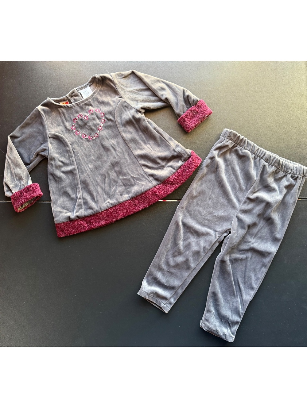Vintage McKids Girls 2T Gray Pink Velour Heart 2 Piece Outfit Set HTF